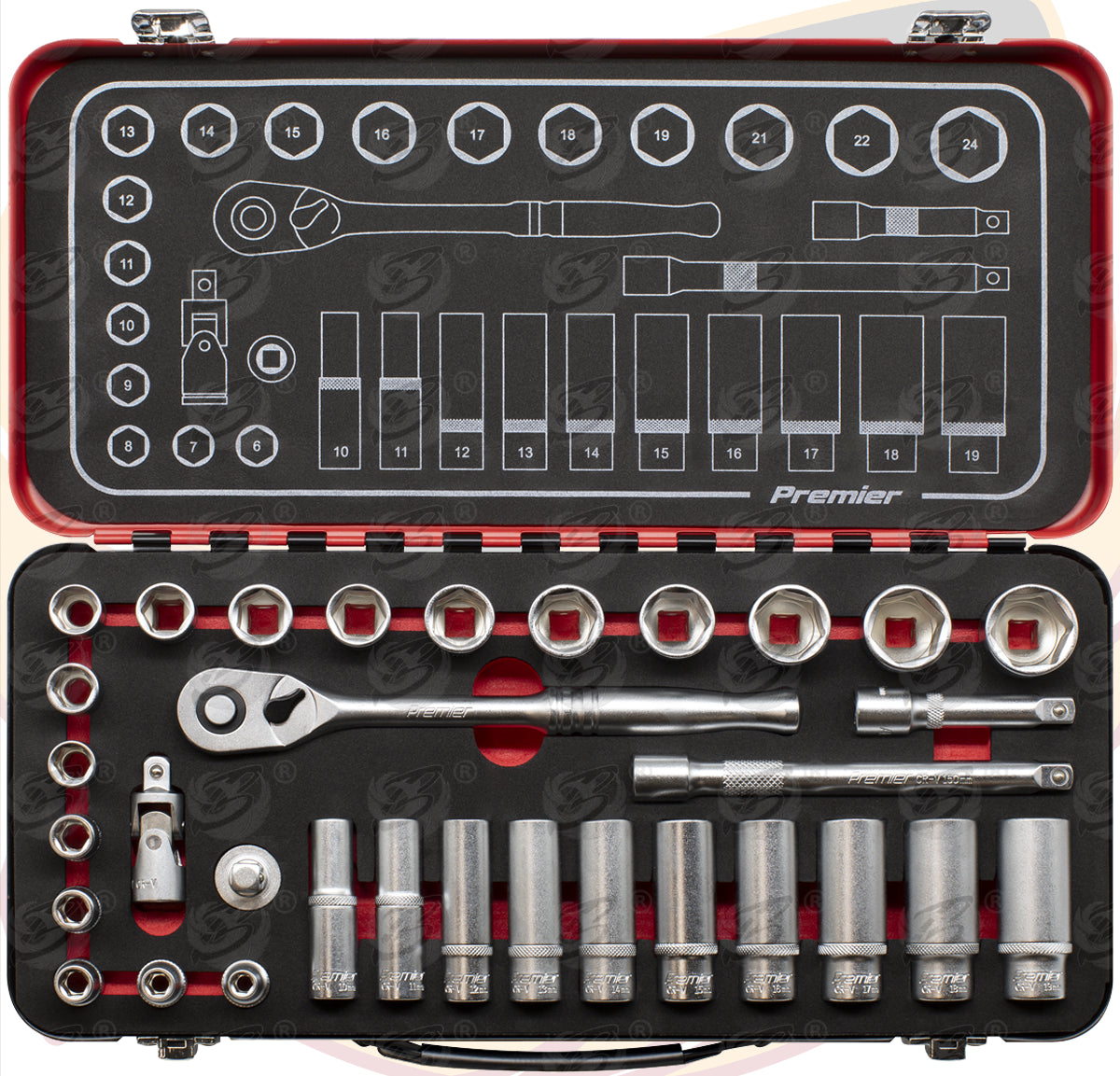 SEALEY 32PCS 3/8" DRIVE 6 POINT 90 TOOTH PREMIER PLATINUM SOCKET SET 6MM - 24MM