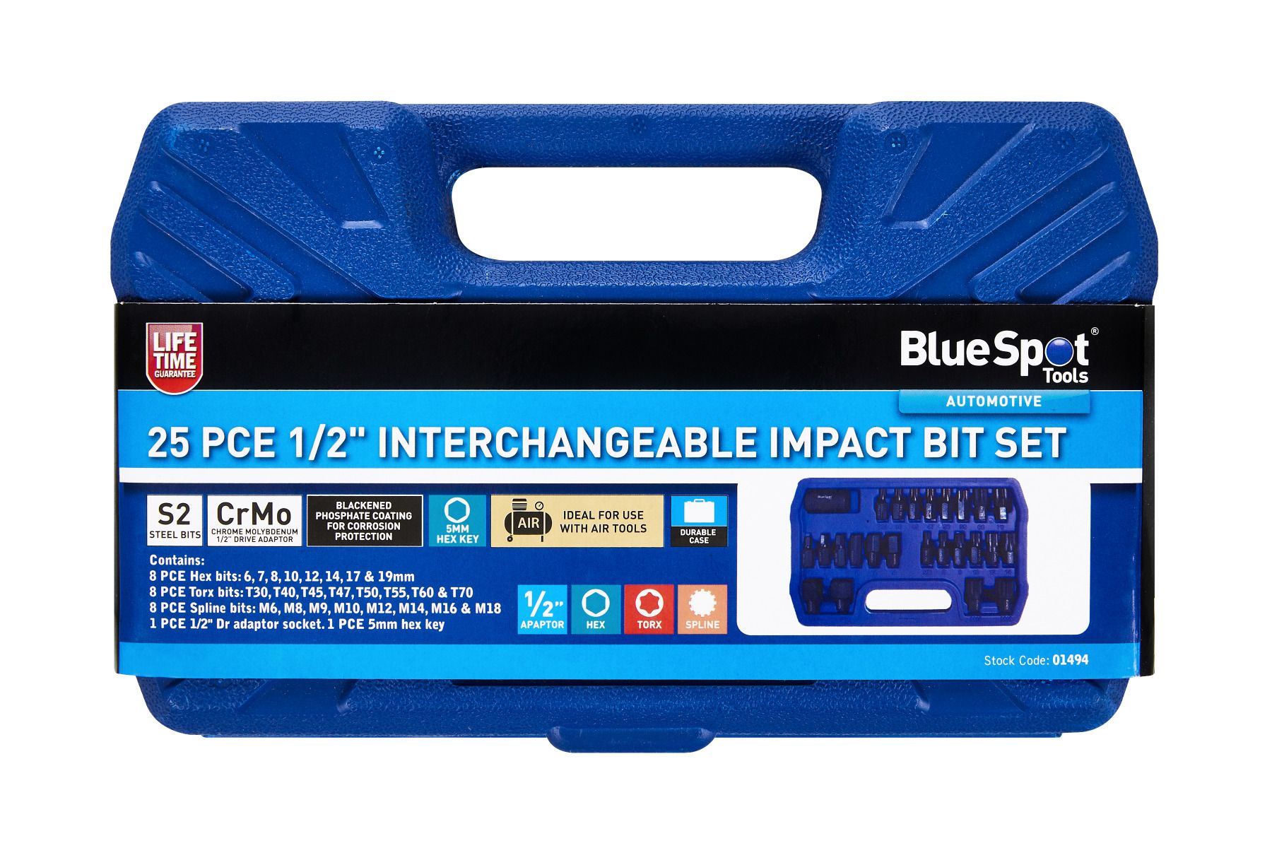 BlueSpot 25 Piece 1/2" Interchangeable Impact Bit Set (H6-H19) (T30-T70) (M6-M18) With A Manufacturers LifeTime Guarantee 01494