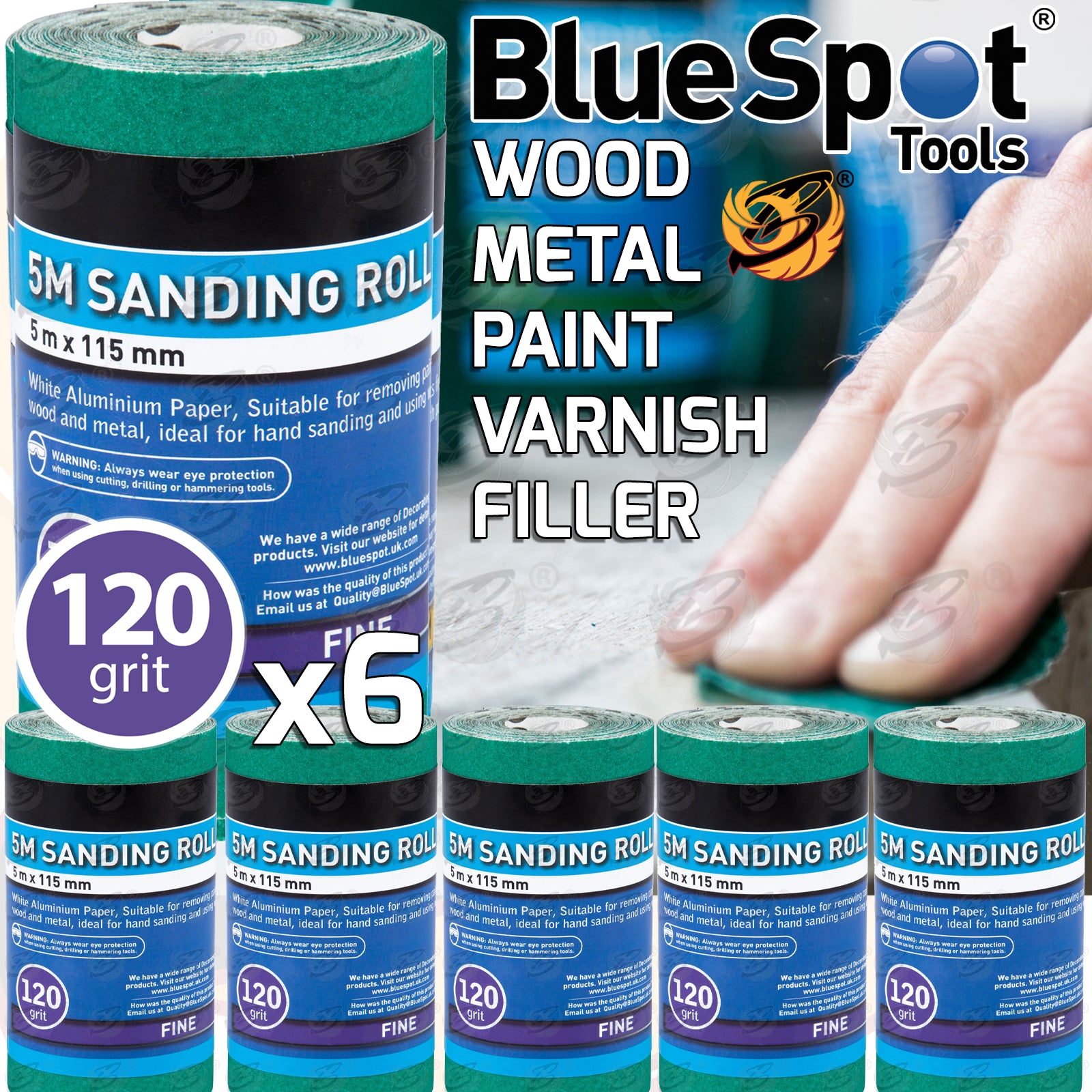BLUESPOT 120 GRIT SANDING ROLL ( 5M x 115MM ) ( 6 ROLLS )