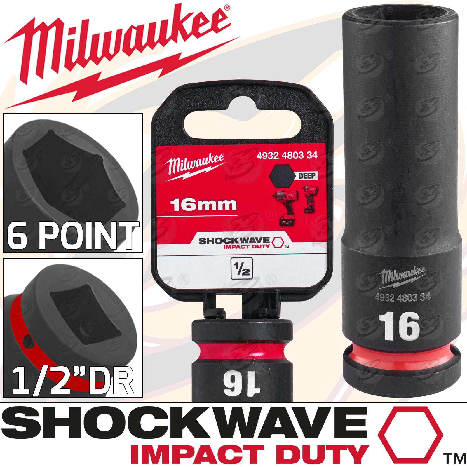 MILWAUKEE 16MM 1/2" DRIVE 6 POINT DEEP IMPACT SOCKET ( SINGLE )