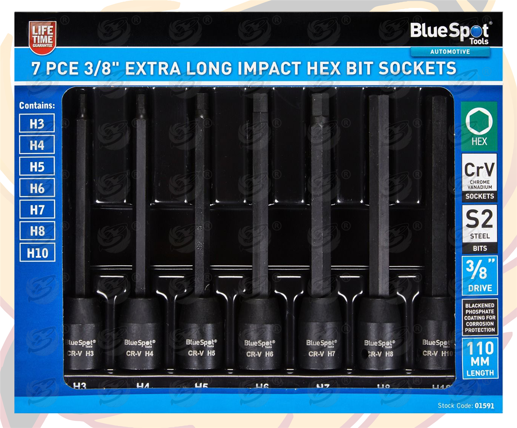 BlueSpot 7 Piece 3/8" Drive Extra Long Impact Hex Bit Sockets H3 - H10 ( 01591 )