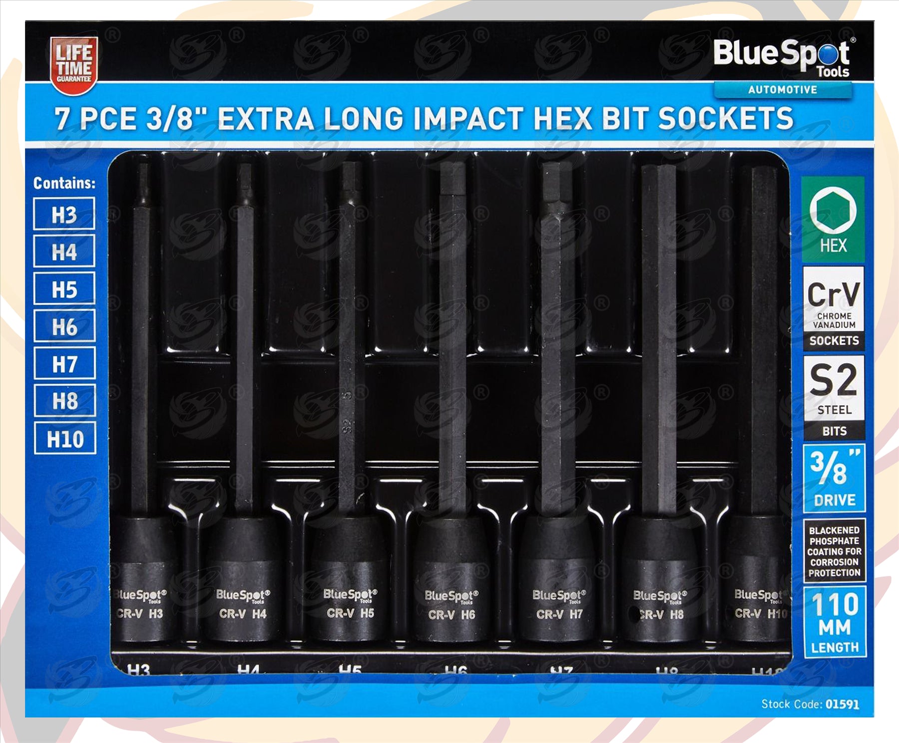 BLUESPOT 7PCS 3/8" DRIVE EXTRA LONG IMPACT HEX BIT SOCKETS H3 - H10