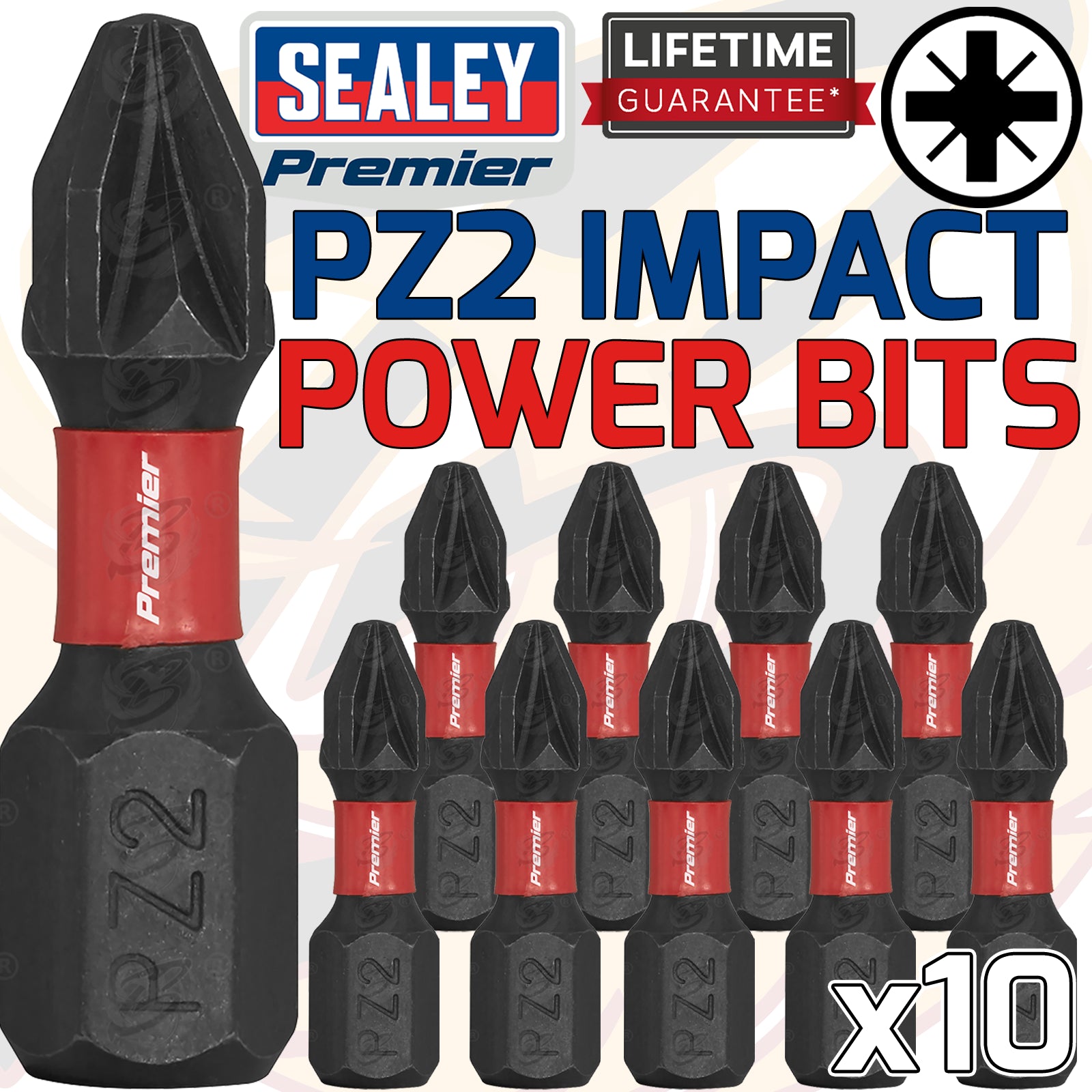 SEALEY 10PCS x PZ2 x 25mm IMPACT DRILL / DRIVER BITS