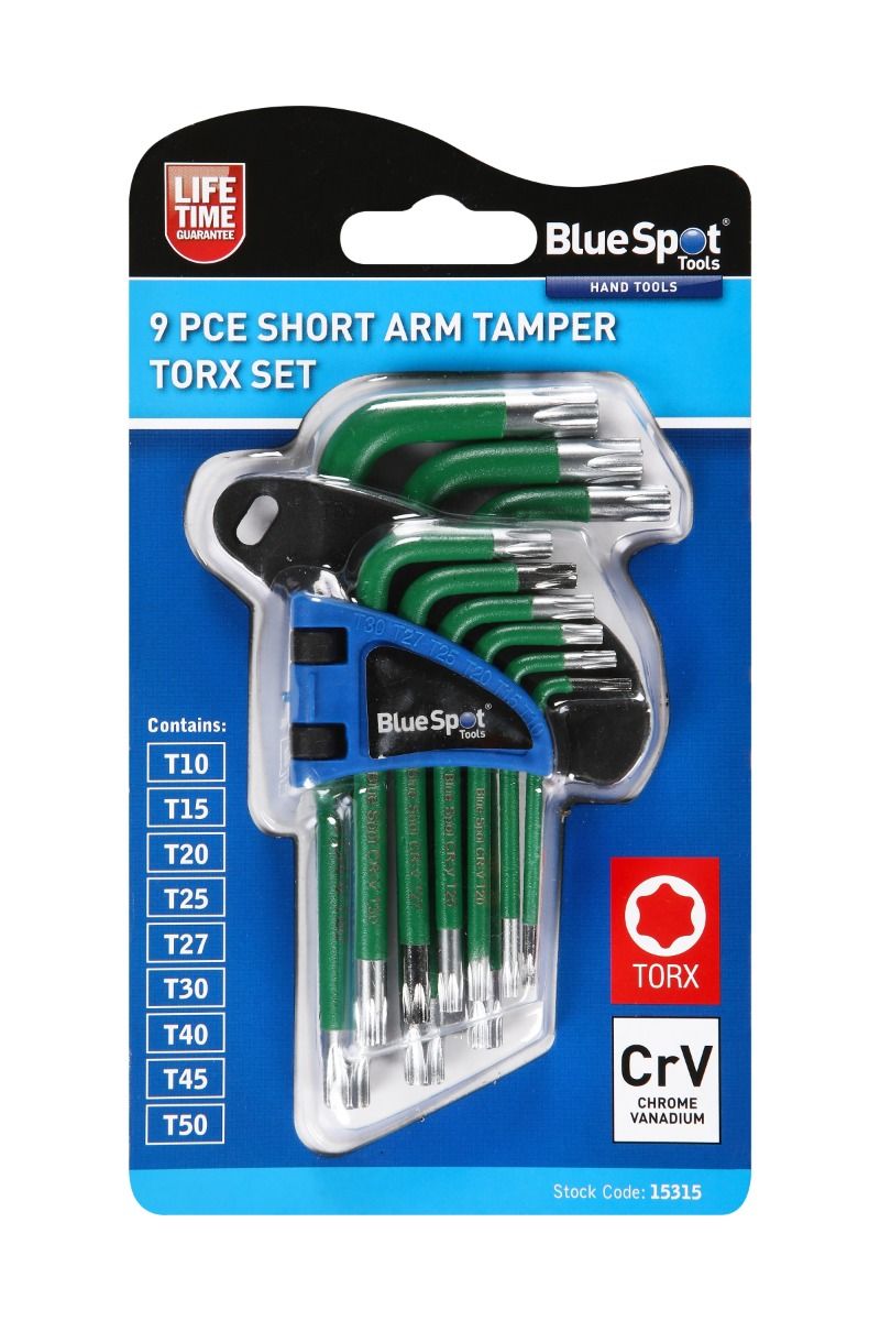 BlueSpot 9 Piece Short Arm Tamper Torx Key Set With A Manufacturers LifeTime Guarantee 15315