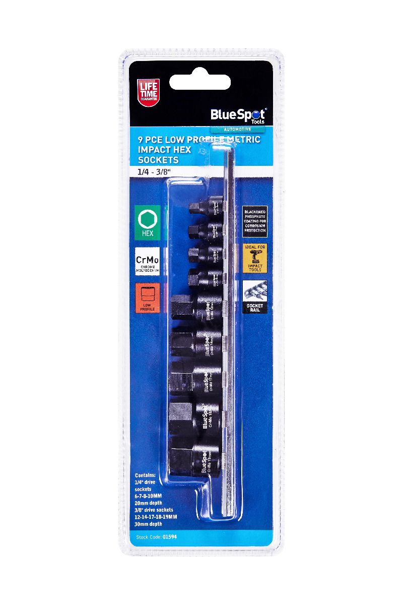 BlueSpot 9 Piece 1/4-3/8" Low Profile Metric Impact Hex Sockets (6-19mm) With A Manufacturers LifeTime Guarantee 01594