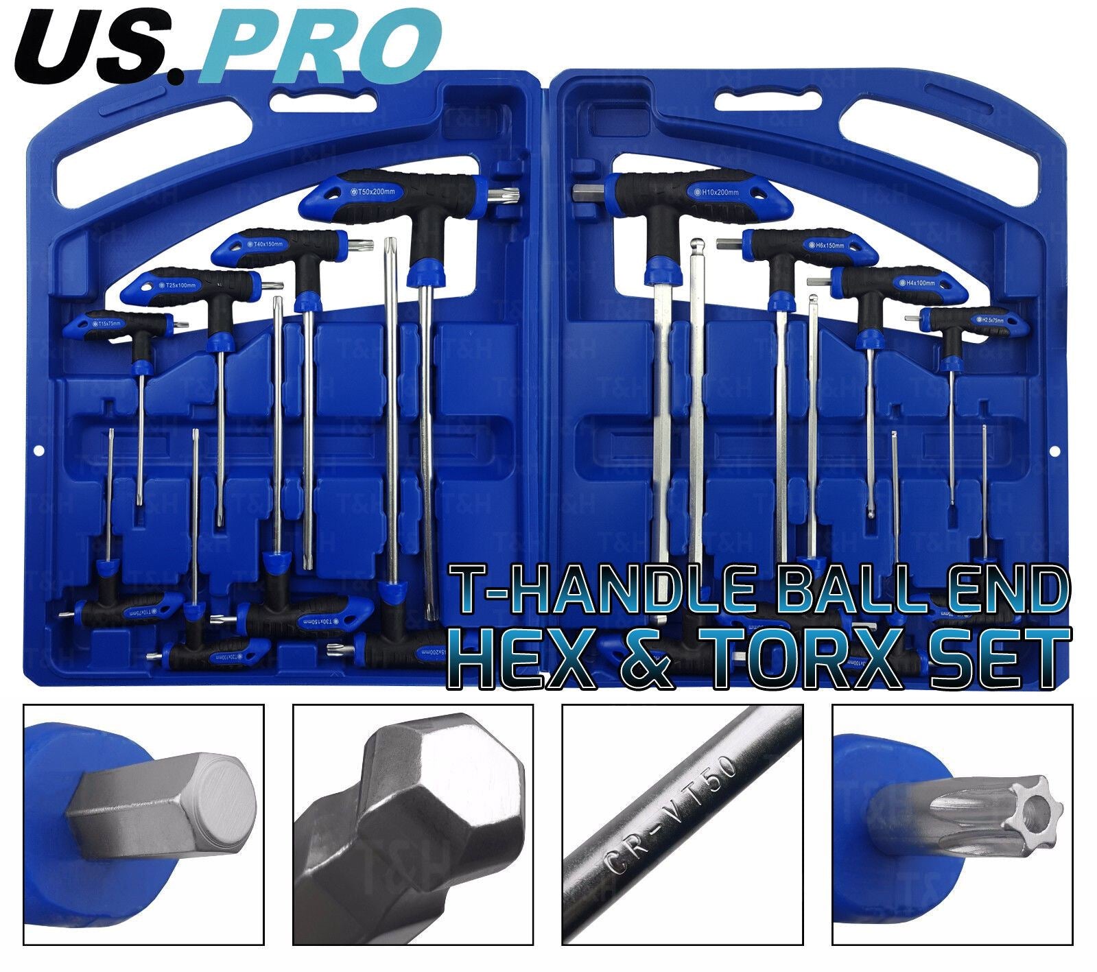 US Pro 16 Piece T - Handle Hex & Torx Key Set H2 - H10 & T10 - T50 1587