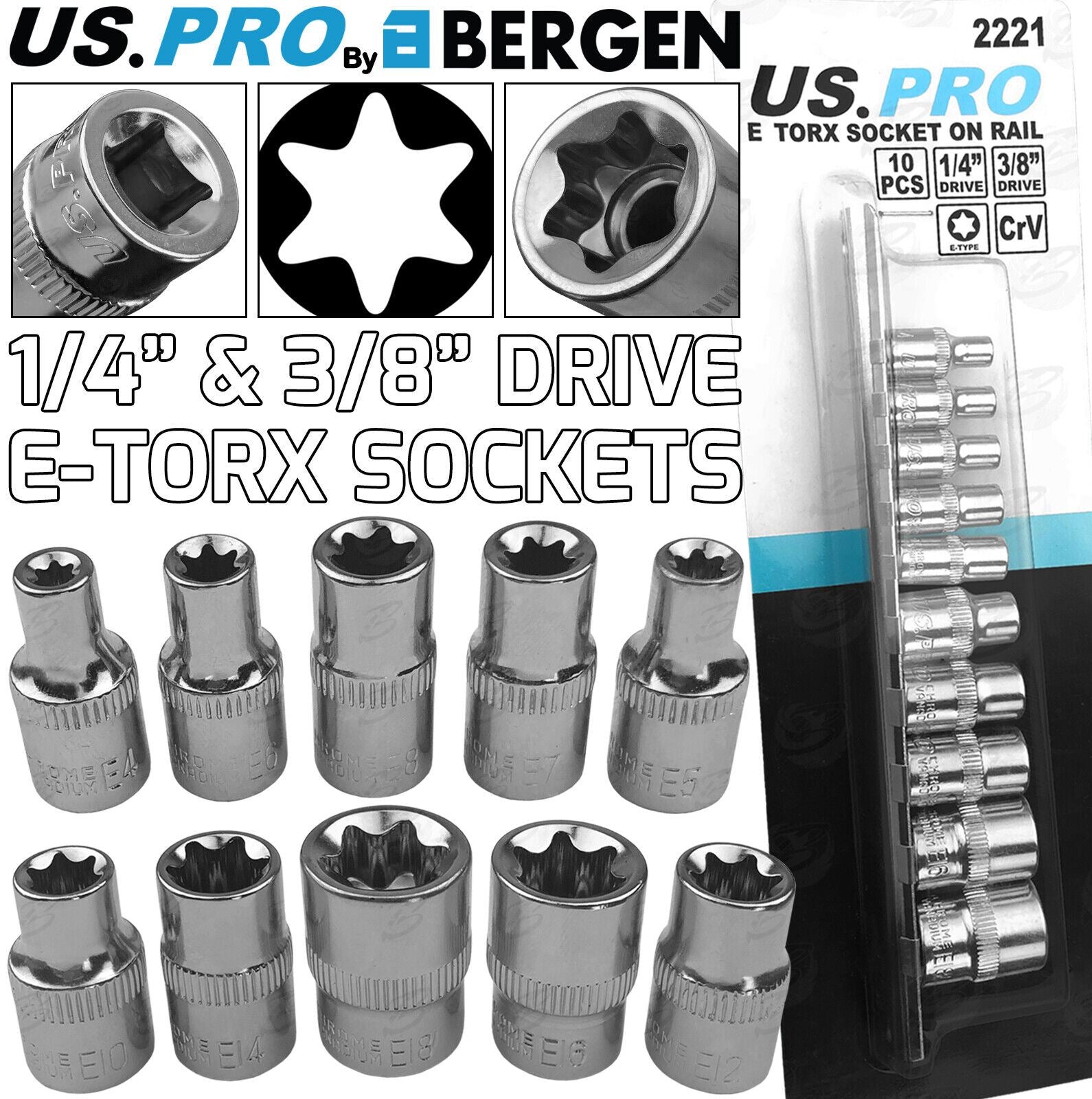 US Pro 10 Piece 1/4" & 3/8" Drive E - Torx Sockets E4 - E18 2221