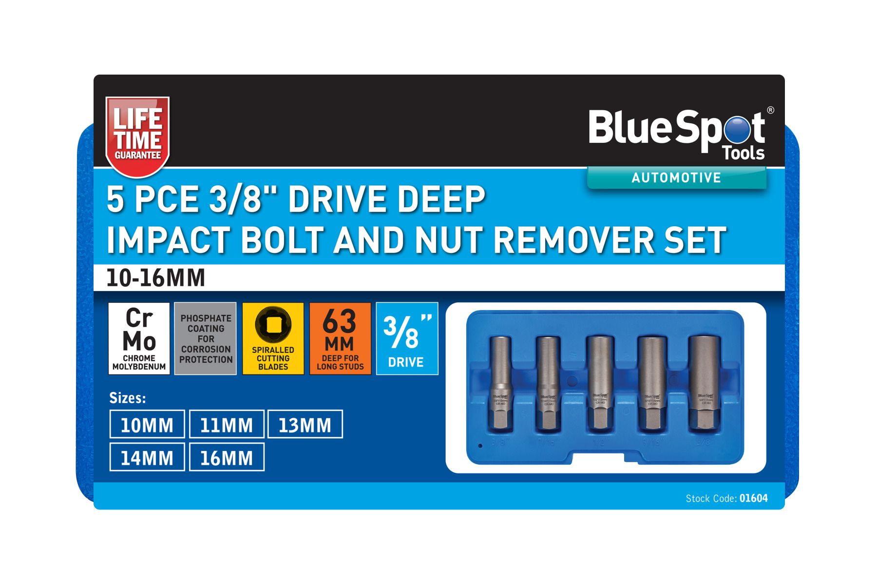 BlueSpot 5 Piece 3/8" Drive Deep Impact Bolt And Nut Remover Set 10-16mm With A Manufacturers LifeTime Guarantee 01604