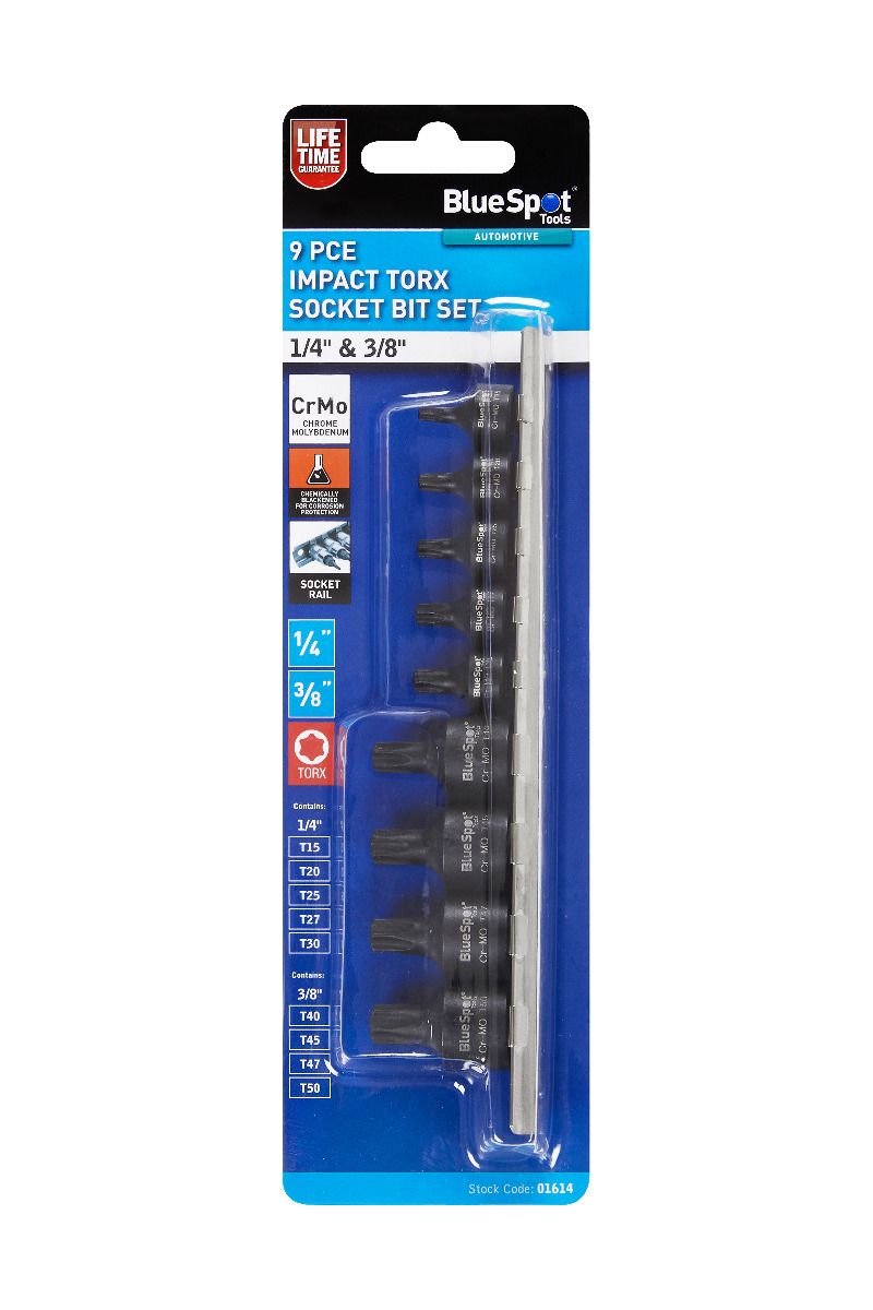 BlueSpot 9 Piece 1/4" & 3/8" Impact Torx Bit Socket Set With A Manufacturers LifeTime Guarantee 01614