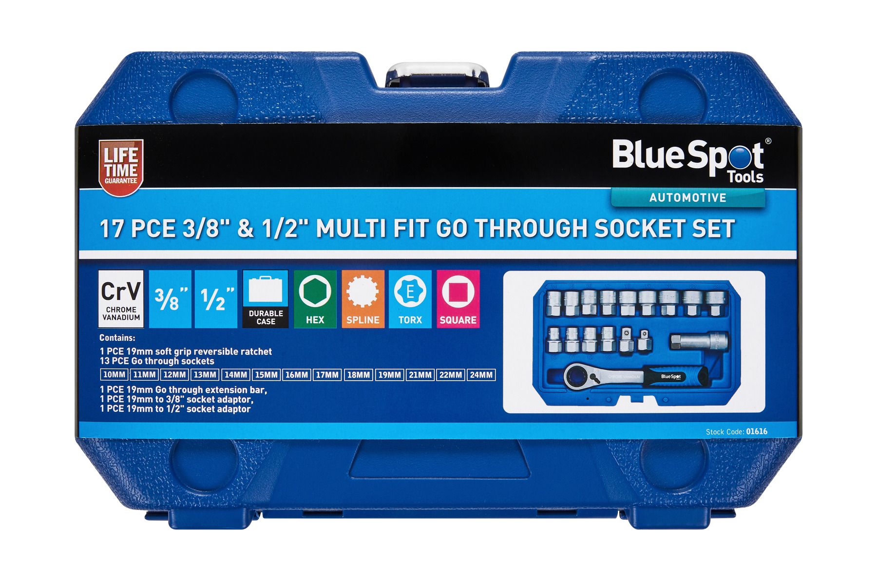BlueSpot 17 Piece 3/8" & 1/2" Multi Fit Go Through Socket Set (10mm - 24mm) With A Manufacturers LifeTime Guarantee 01616