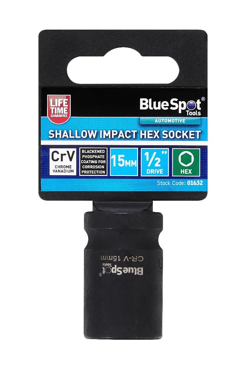 BlueSpot 15mm 1/2" Drive 6 Point Shallow Impact Socket With A Manufacturers LifeTime Guarantee 01632