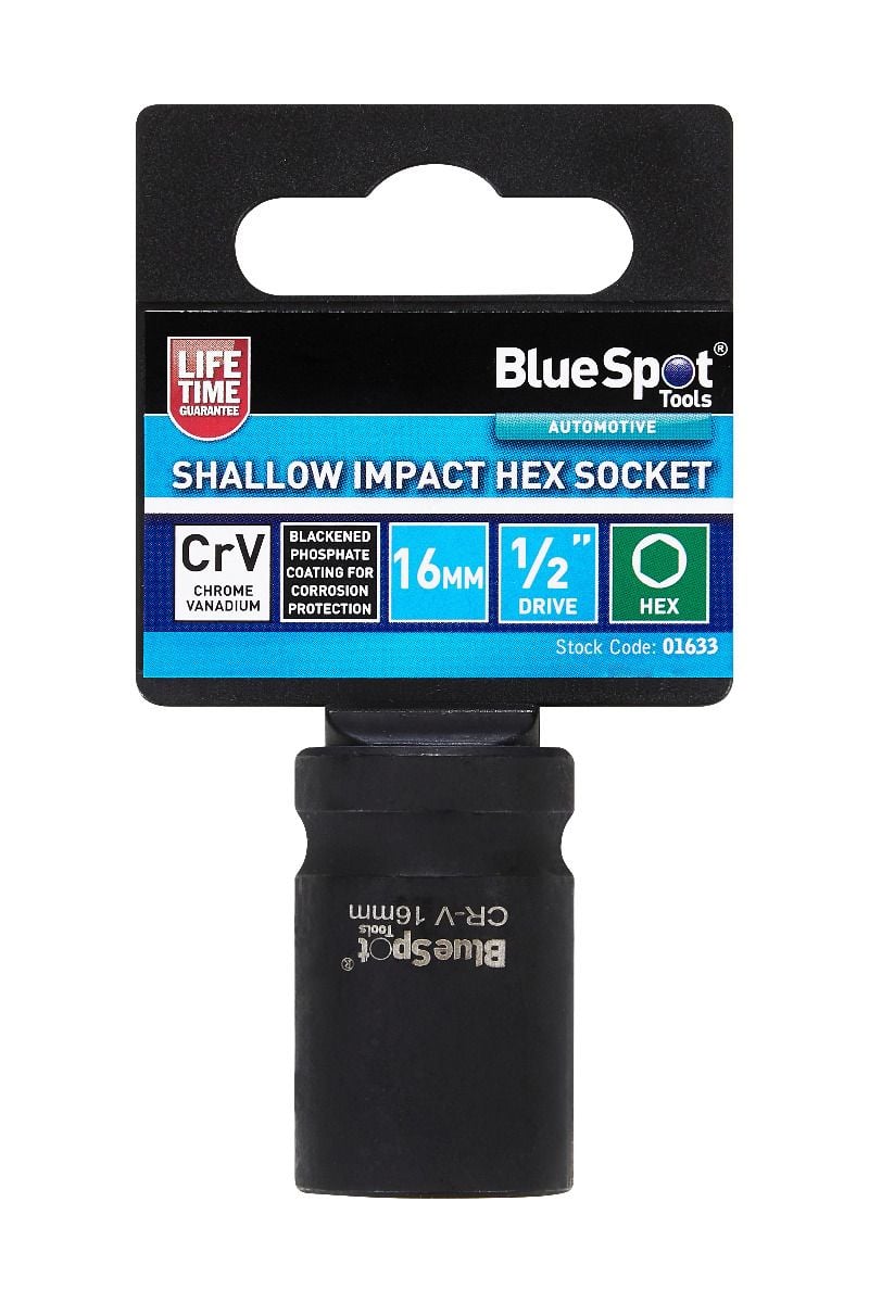 BlueSpot 16mm 1/2" Drive 6 Point Shallow Impact Socket With A Manufacturers LifeTime Guarantee 01633