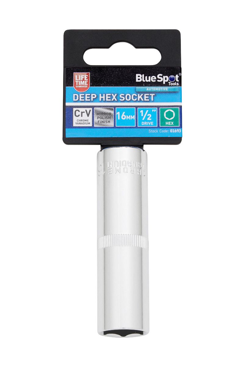 BlueSpot 16mm 1/2" Drive 6 Point Deep Socket ( Single ) With A Manufacturers LifeTime Guarantee 01693