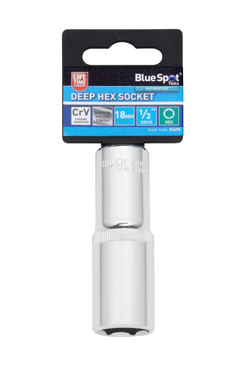 BlueSpot 18mm 1/2" Drive 6 Point Deep Socket ( Single ) With A Manufacturers LifeTime Guarantee 01695