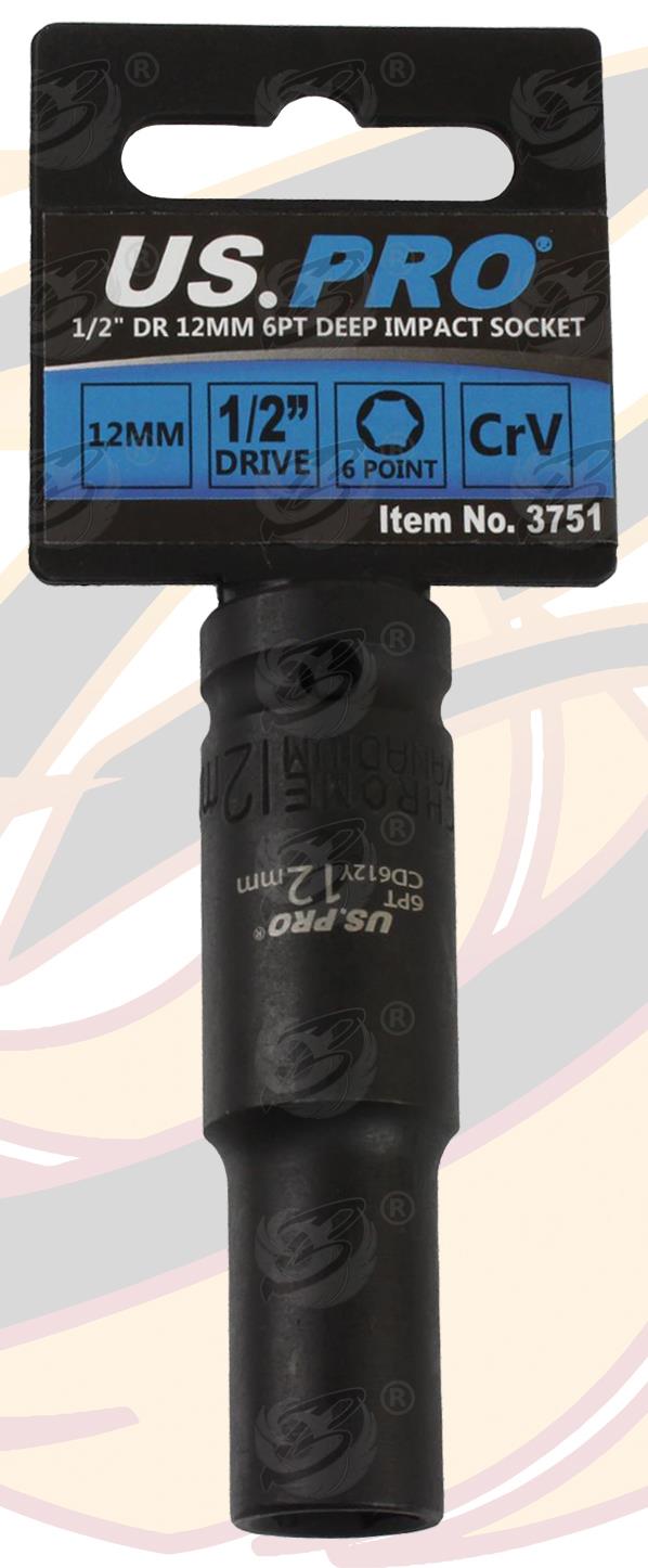 US PRO 12MM 1/2" DRIVE 6 POINT DEEP IMPACT SOCKET ( SINGLE )