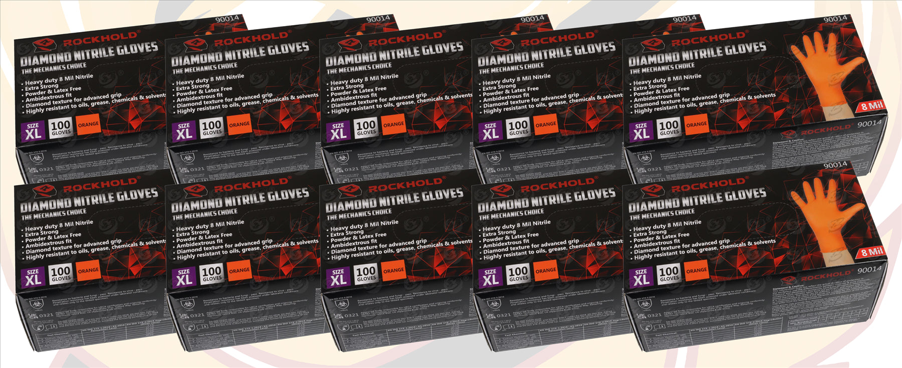 ROCKHOLD HEAVY DUTY ORANGE 8 MIL NITRILE DIAMOND GRIP GLOVES ( X LARGE - 1000 GLOVES )