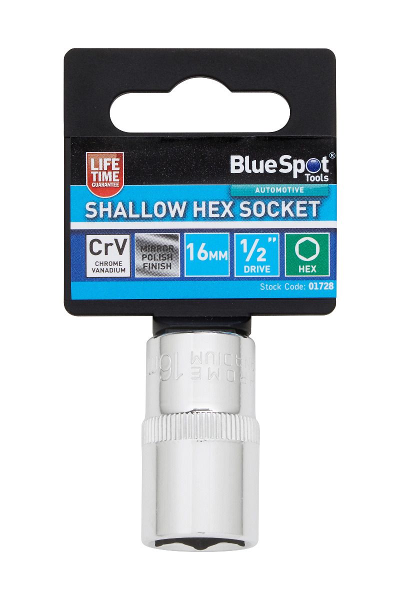 BlueSpot 16mm 1/2" Drive 6 Point Shallow Socket ( Single ) With A Manufacturers LifeTime Guarantee 01728