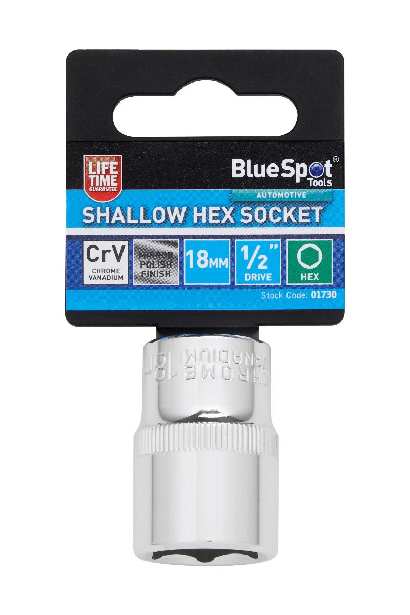 BlueSpot 18mm 1/2" Drive 6 Point Shallow Socket ( Single ) With A Manufacturers LifeTime Guarantee 01730