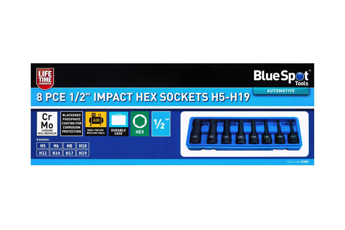 BlueSpot 8 Piece 1/2" Drive Impact Hex Bit Sockets H5 - H19 With A Manufacturers LifeTime Guarantee 01508
