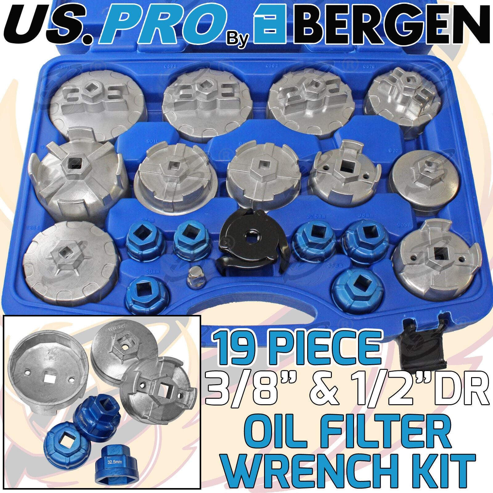 US PRO 19PCS 3/8" &1/2" DRIVE OIL FILTER CUP SET
