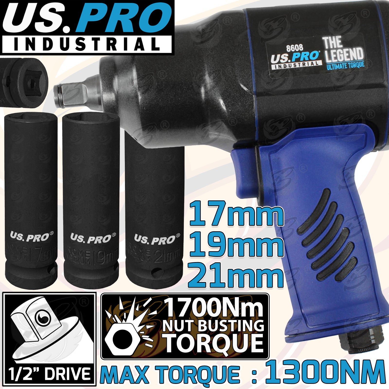 US PRO 1/2" DRIVE AIR IMPACT WRENCH 1700Nm NBT ( THE LEGEND ) & 17MM - 19MM - 21MM DEEP IMPACT SOCKETS