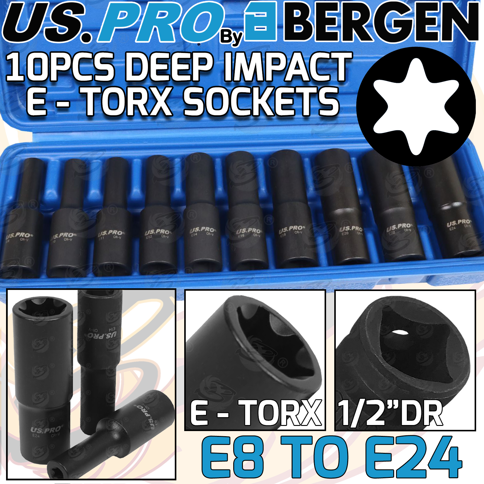 US Pro 10 Piece 1/2" Drive Deep Impact E - Torx Sockets E8 - E24 ( 7524 )