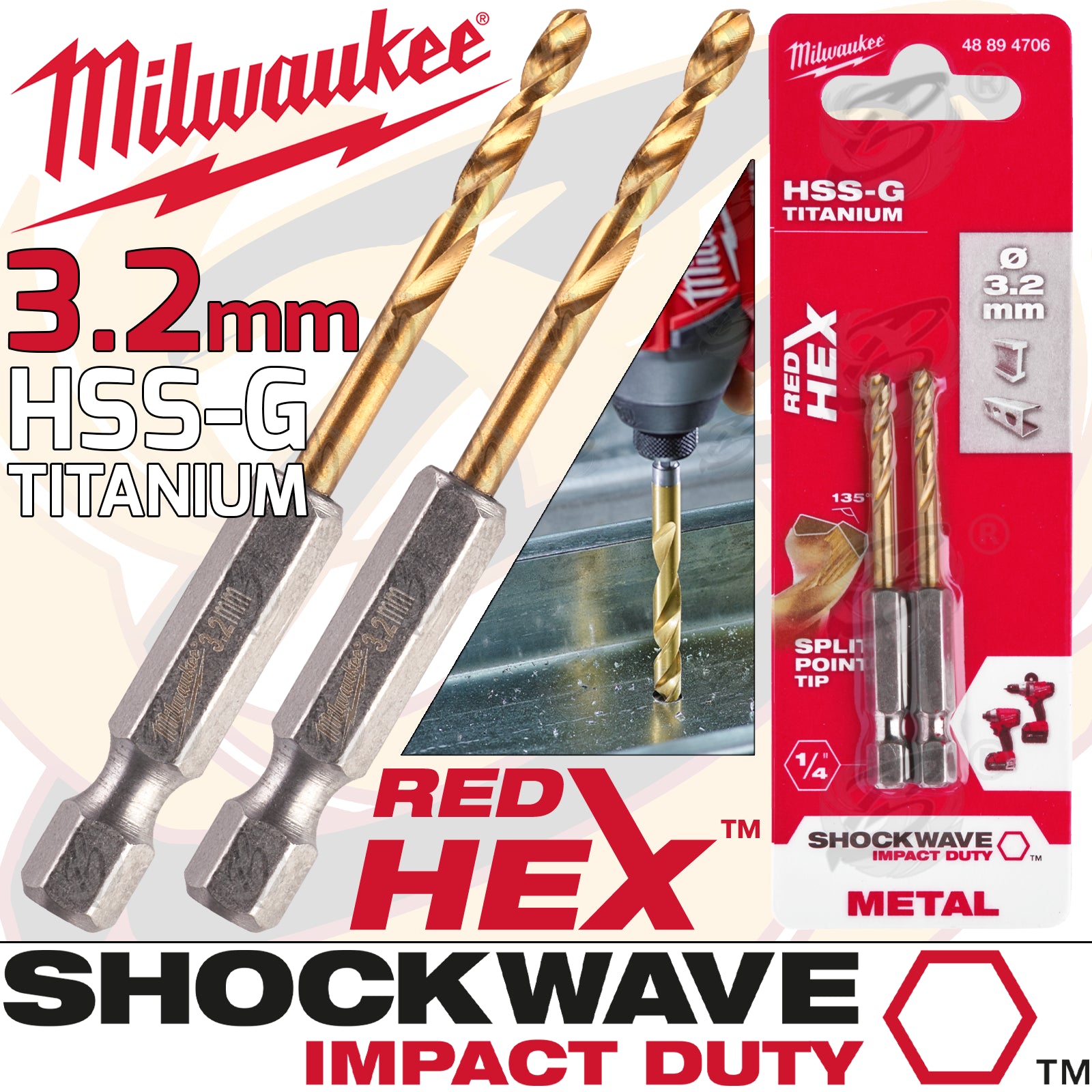 MILWAUKEE 3.2MM HSS TITANIUM METAL RED HEX DRILL BIT