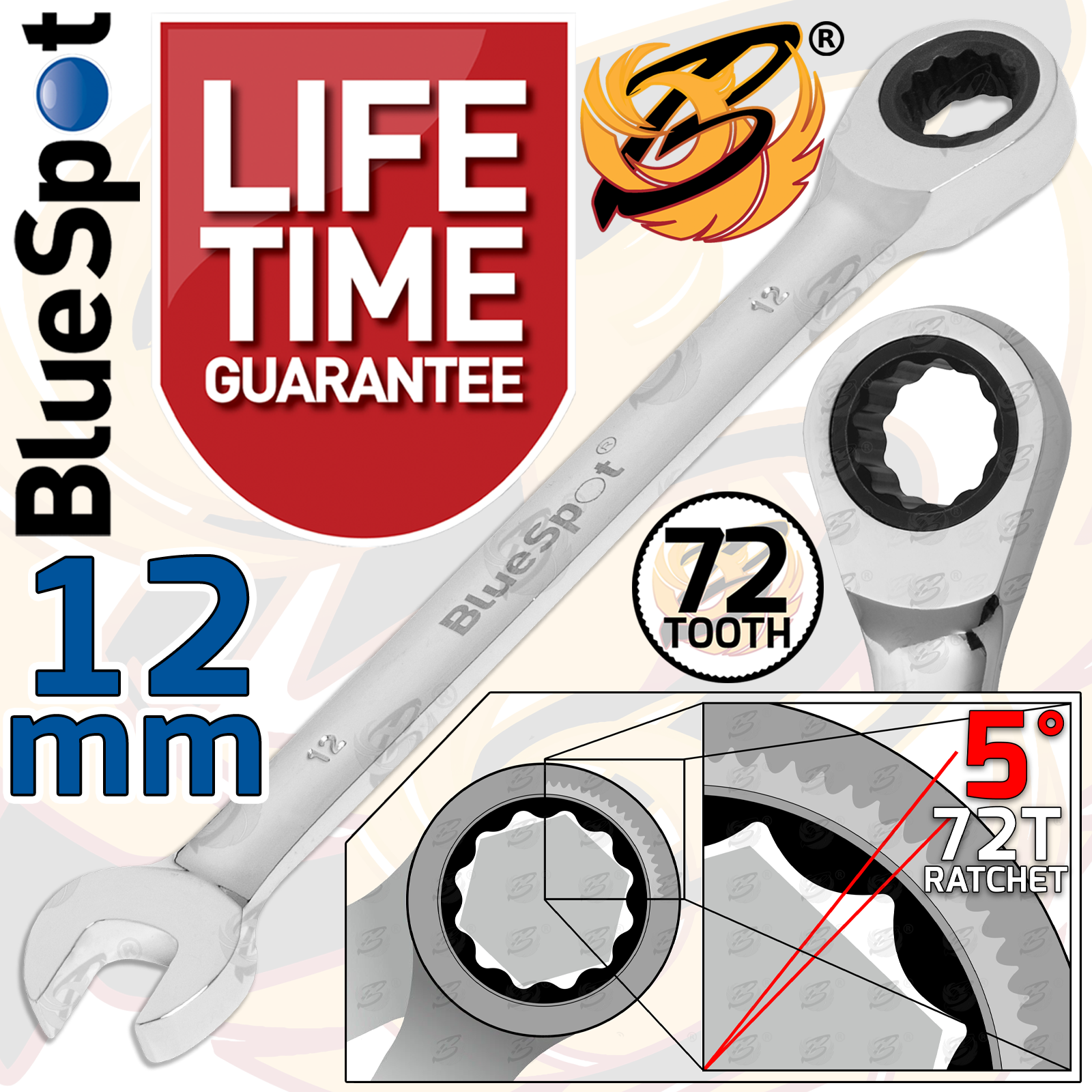 BlueSpot 12mm 72 Tooth Ratchet Spanner ( Single ) 05103