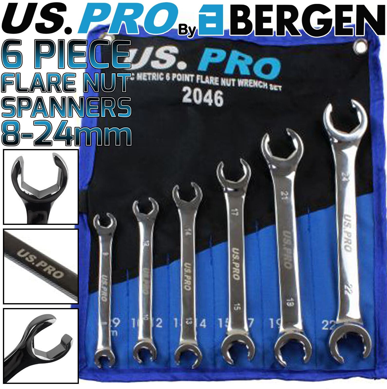 US Pro 6 Piece 6 Point Flare Nut Spanner Set 8mm - 24mm 2046