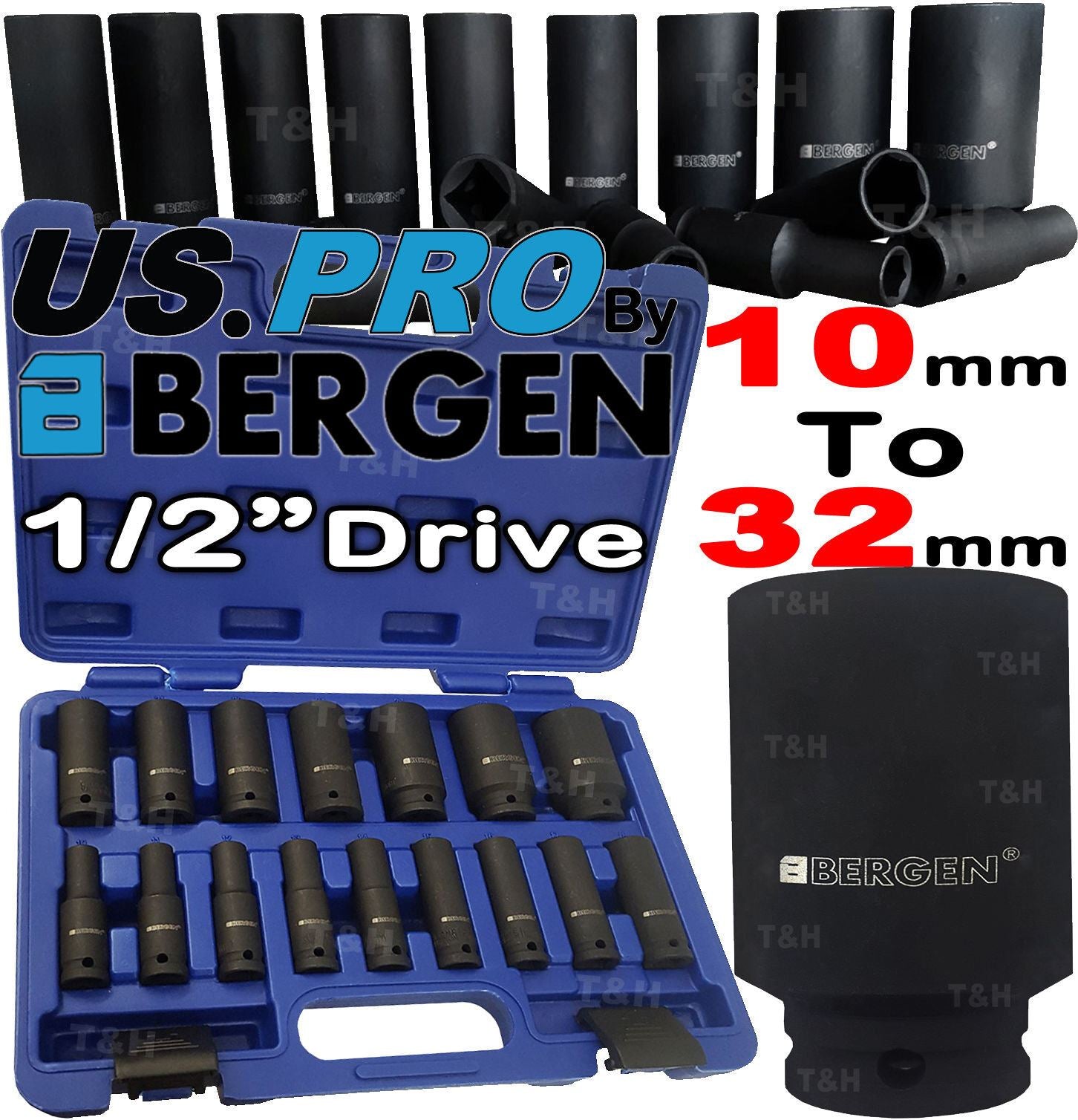 US Pro 16 Piece 1/2" Drive 6 Point Deep Impact Sockets 10mm - 32mm 1340