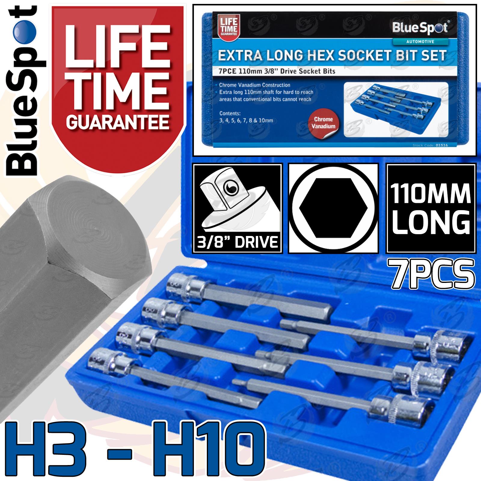 BlueSpot 7 Piece 3/8" Drive Extra Long Hex Bit Sockets H3 - H10 01516