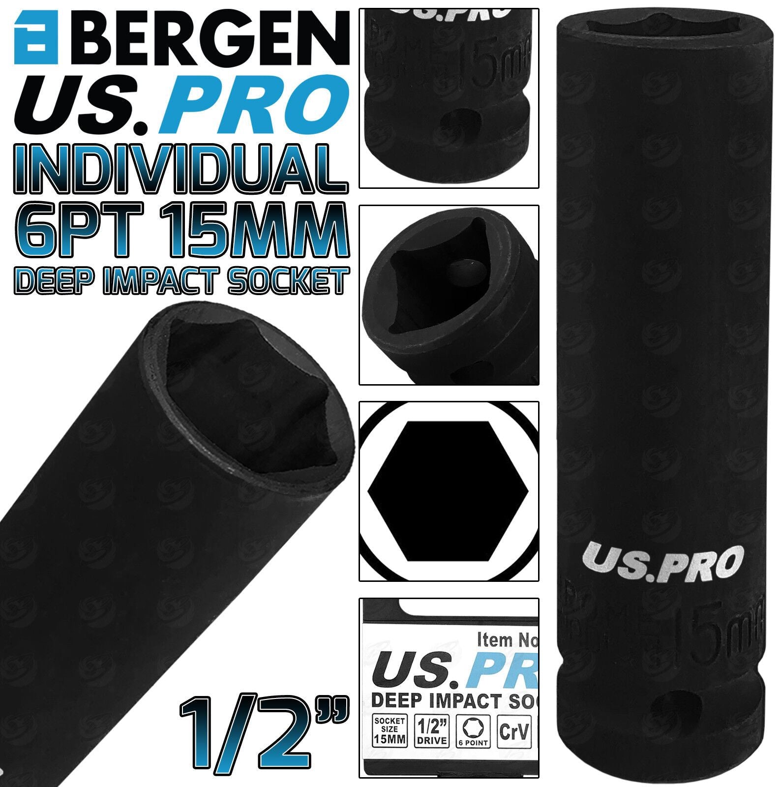 US Pro 15mm 1/2" Drive 6 Point Deep Impact Socket ( Single ) 3372