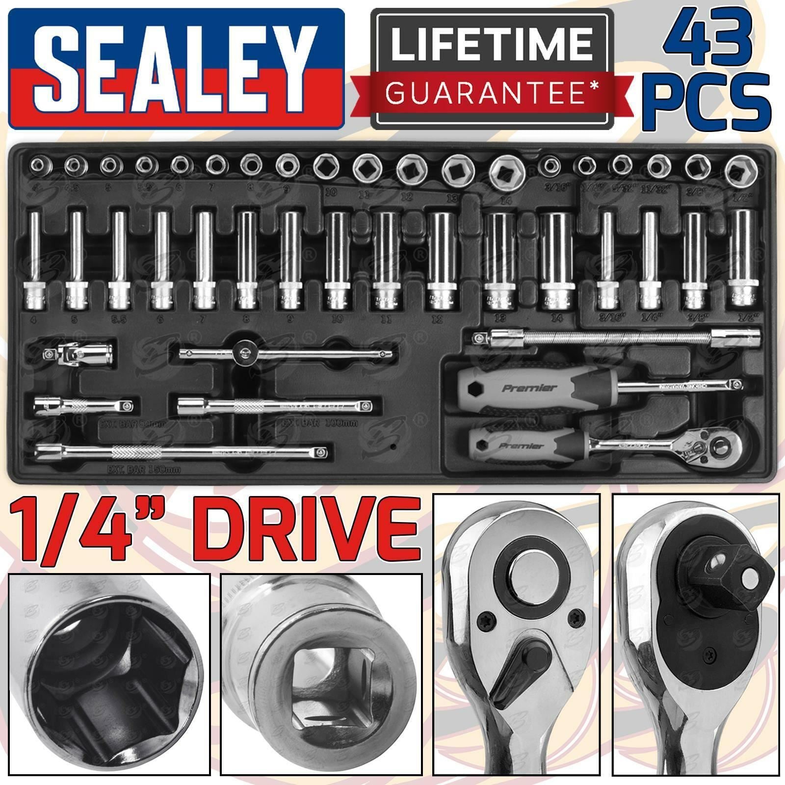 SEALEY 43PCS 1/4" DRIVE 6 POINT SOCKET SET 4MM - 14MM