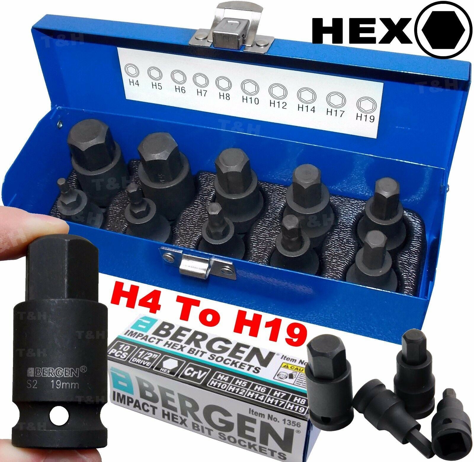 US PRO 10PCS 1/2" DRIVE IMPACT HEX BIT SOCKETS H4 - H19