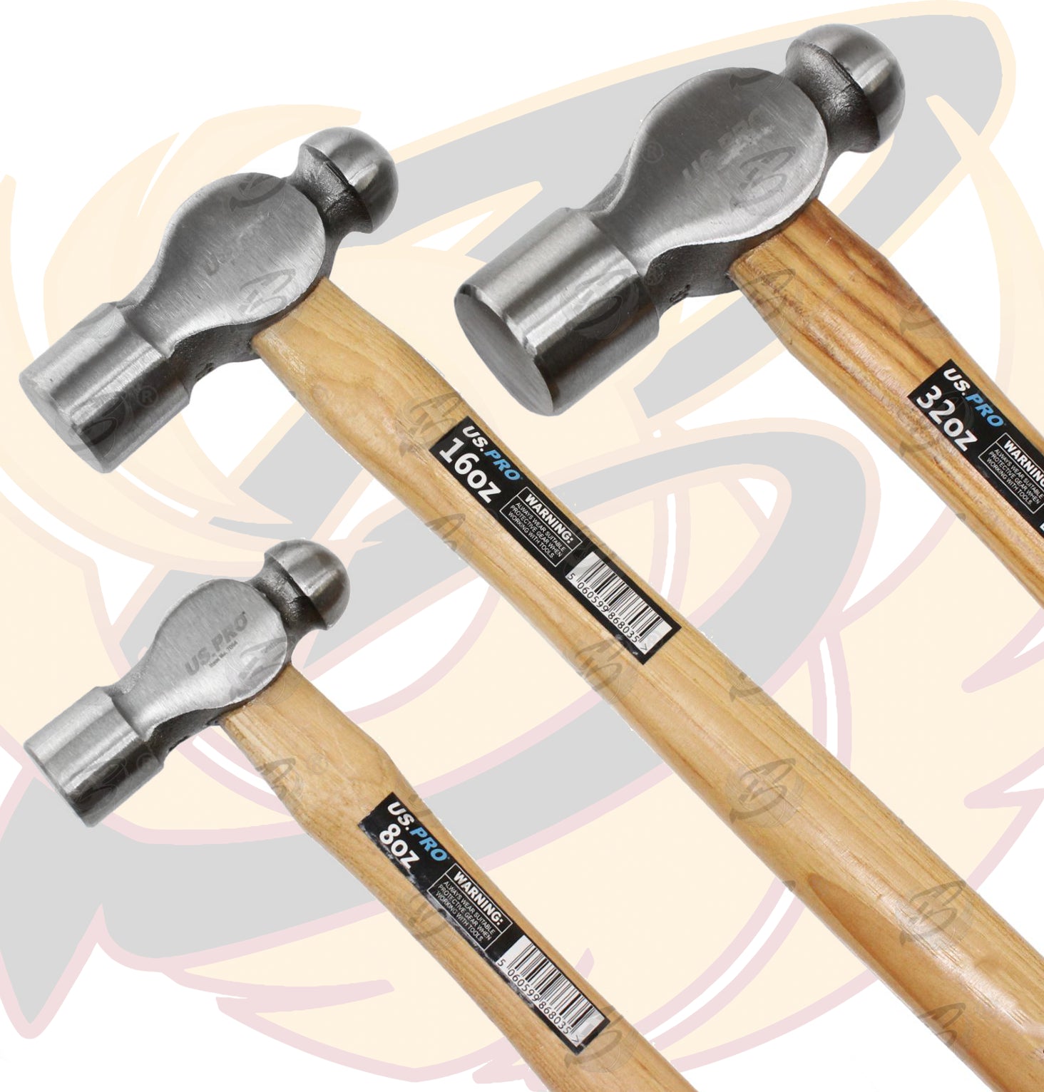 US PRO 3PCS BALL PEIN BEECH HAMMERS 8OZ - 16OZ - 32OZ