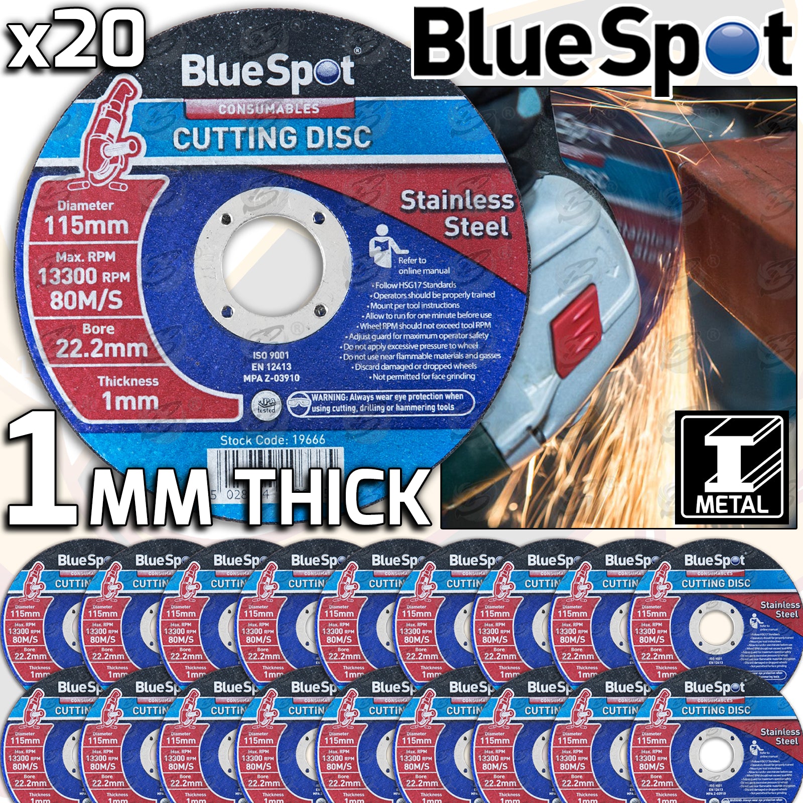 BLUESPOT 1MM THICK STAINLESS STEEL CUTTING DISCS ( X 20 DISCS )