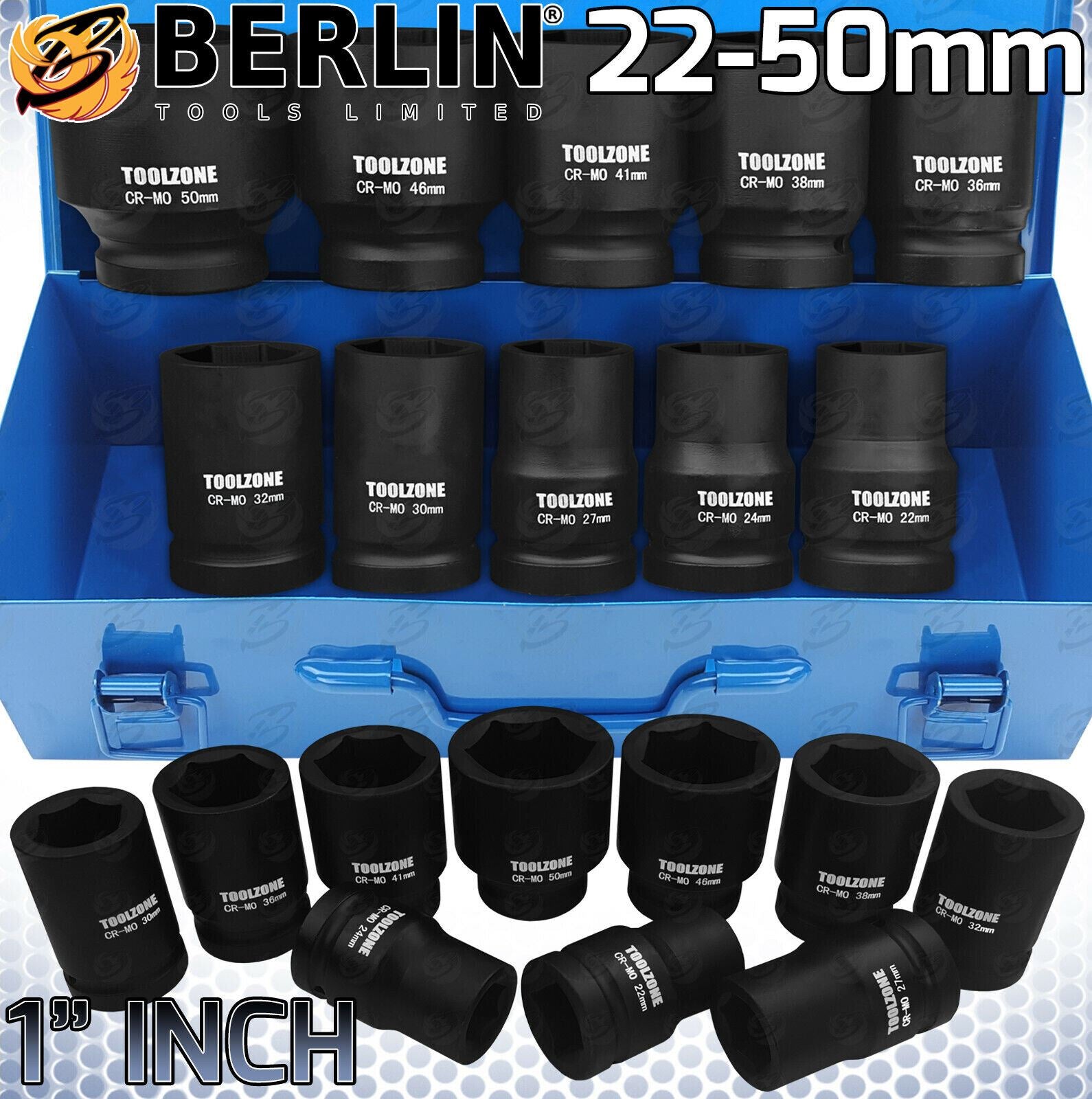 Toolzone 10 Piece 1" Drive 6 Point Deep Impact Sockets 22mm - 50mm SS033