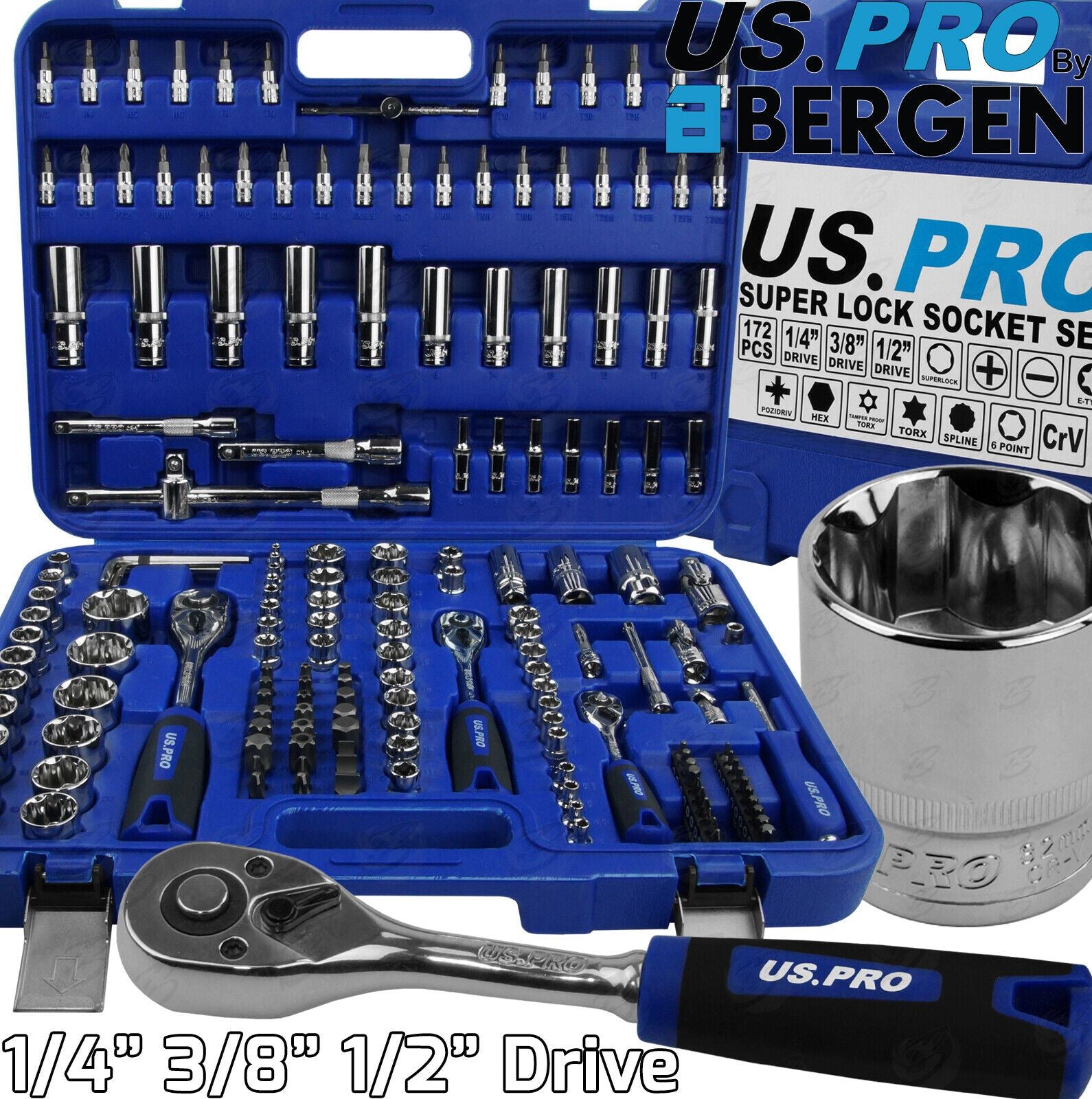 US Pro 171 Piece 1/4" & 3/8" & 1/2" Drive Socket & Bit Set 4mm - 32mm 2082