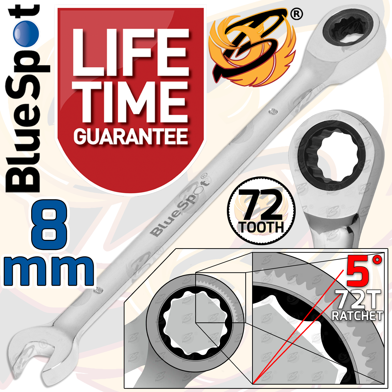 BlueSpot 8mm 72 Tooth Ratchet Spanner ( Single ) 05100