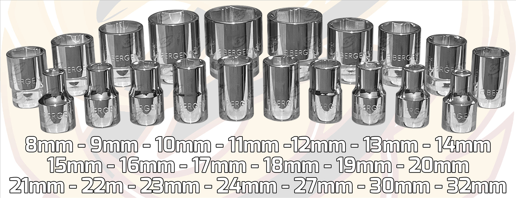 BERGEN 20PCS 1/2" DRIVE 6 POINT SHALLOW Xi - ION SOCKETS 8MM - 32MM