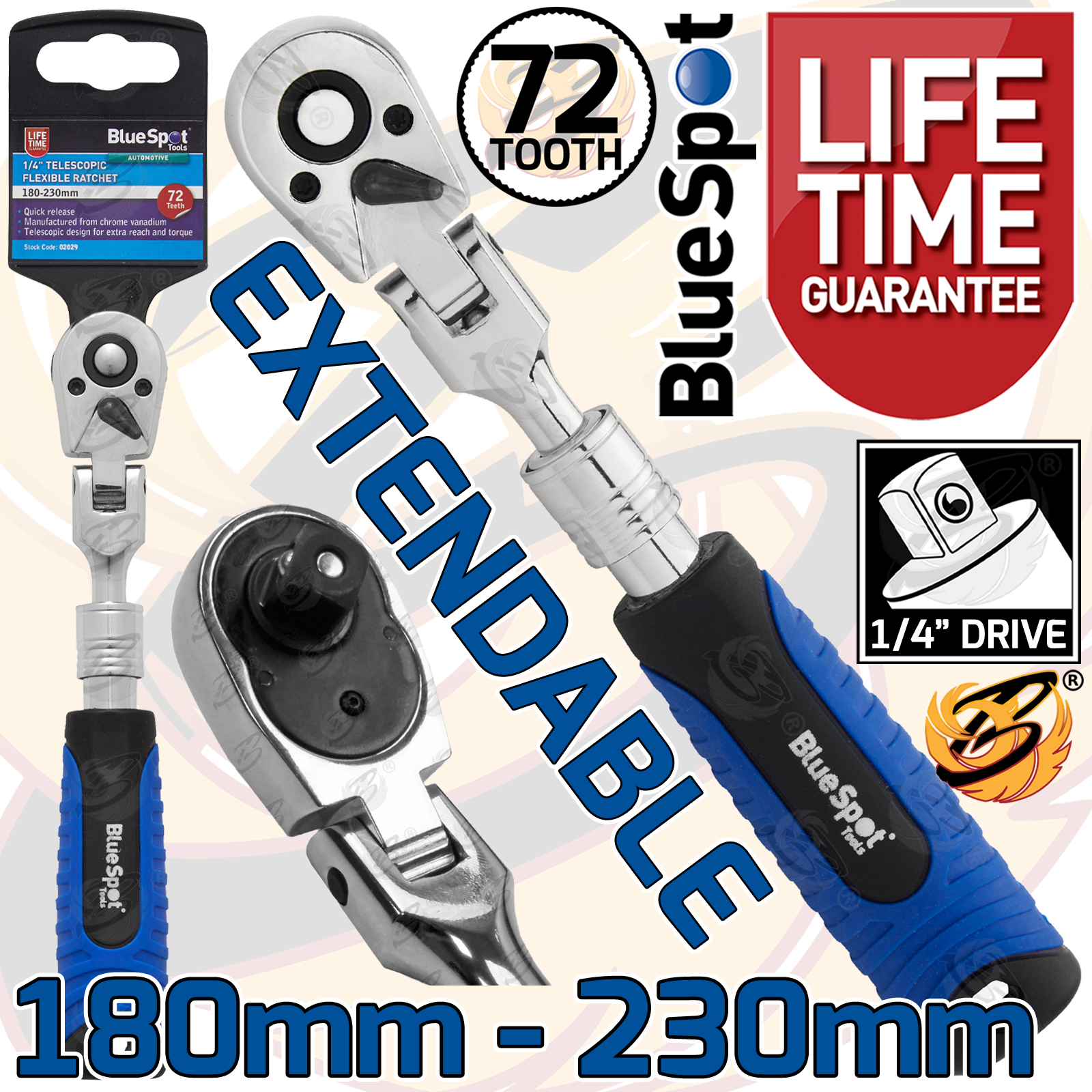 BlueSpot 1/4" Drive 72 Tooth Extendable Flexible Ratchet Handle ( 180mm - 230mm ) ( 02029 )