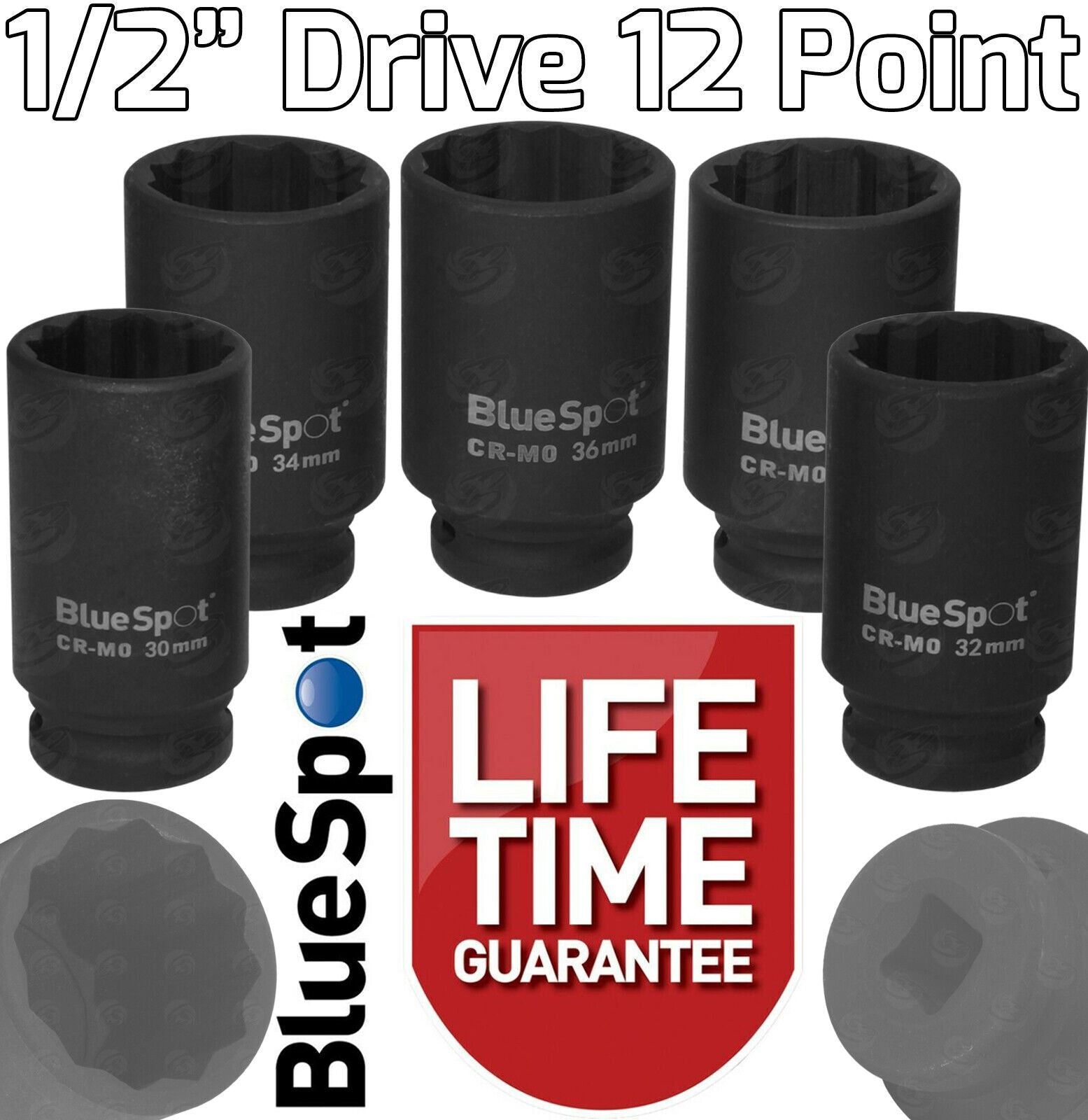 BLUESPOT 1/2" DRIVE 24" LONG BREAKER BAR & 5PCS 12 POINT DEEP IMPACT SOCKETS 30MM - 36MM