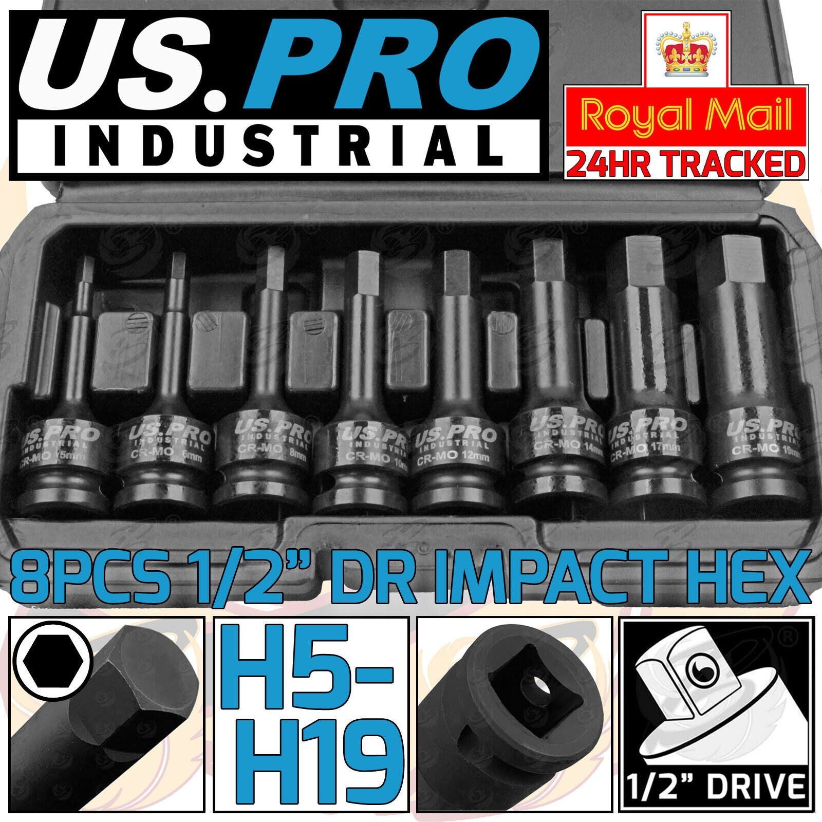 US PRO INDUSTRIAL 8PCS 1/2" DRIVE IMPACT HEX BIT SOCKETS H5 - H19