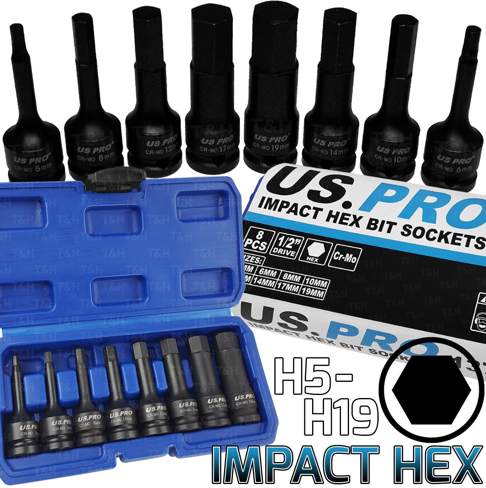 US Pro 8 Piece 1/2" Drive Impact Hex Bit Socket Set H5 - H19 1378