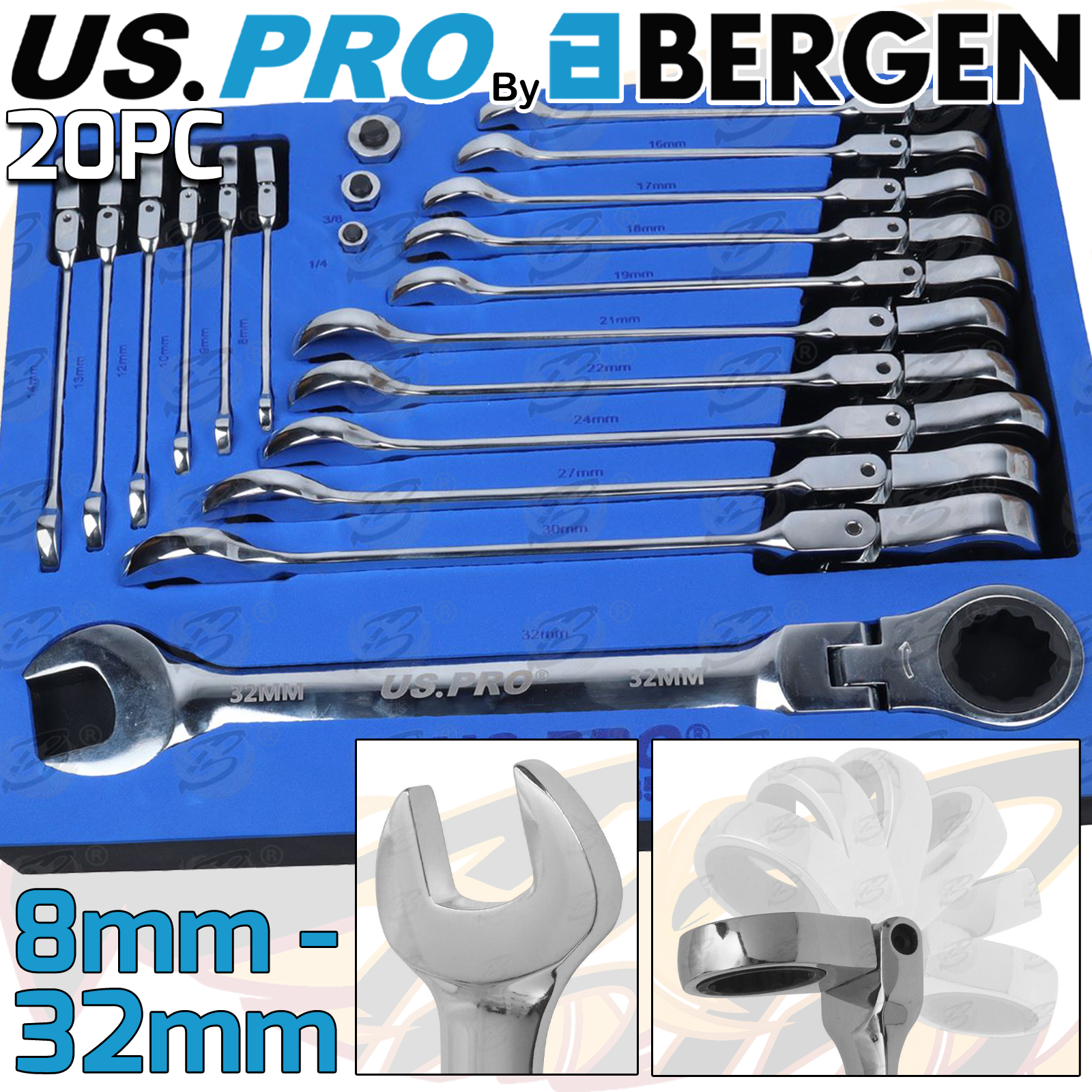 US Pro 20 Piece Metric Flexi Gear Ratchet Combination Wrench Set ( 3985 )