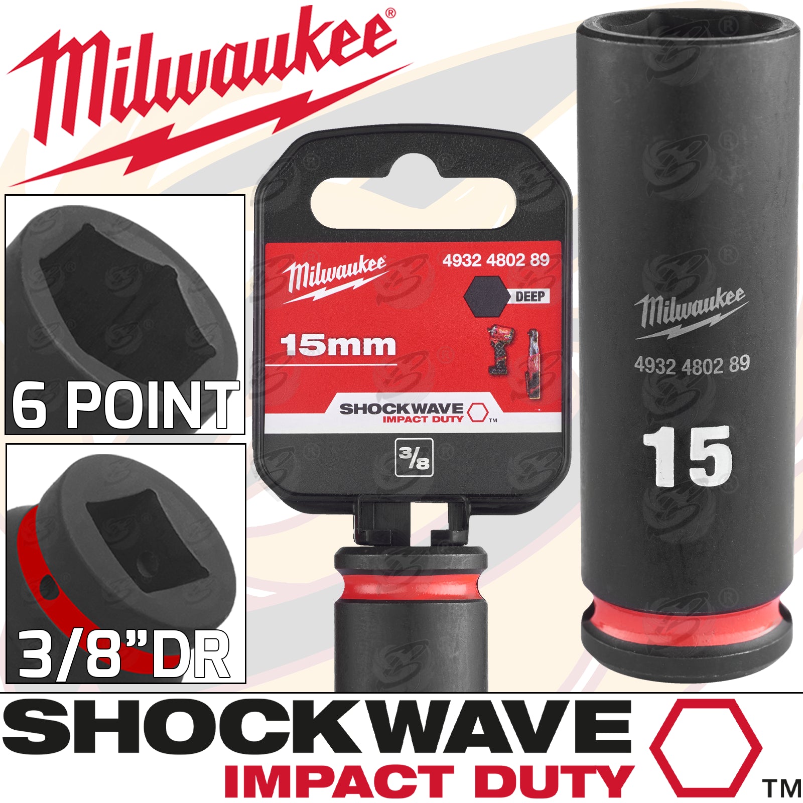 MILWAUKEE 15MM 3/8" DRIVE 6 POINT DEEP IMPACT SOCKET ( SINGLE )