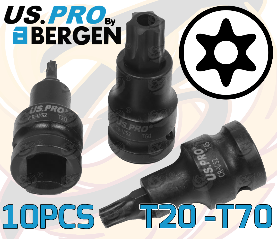 US Pro 10 Piece 1/2" Drive Impact Tamperproof Torx Bit Sockets T20 - T70 ( 7532 )