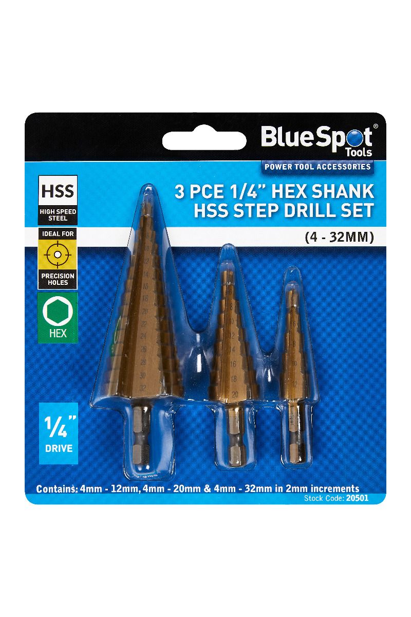 BlueSpot 3 Piece HSS Step Drill Set 4mm - 32mm With 1/4" Hex Shank ( 20501 )