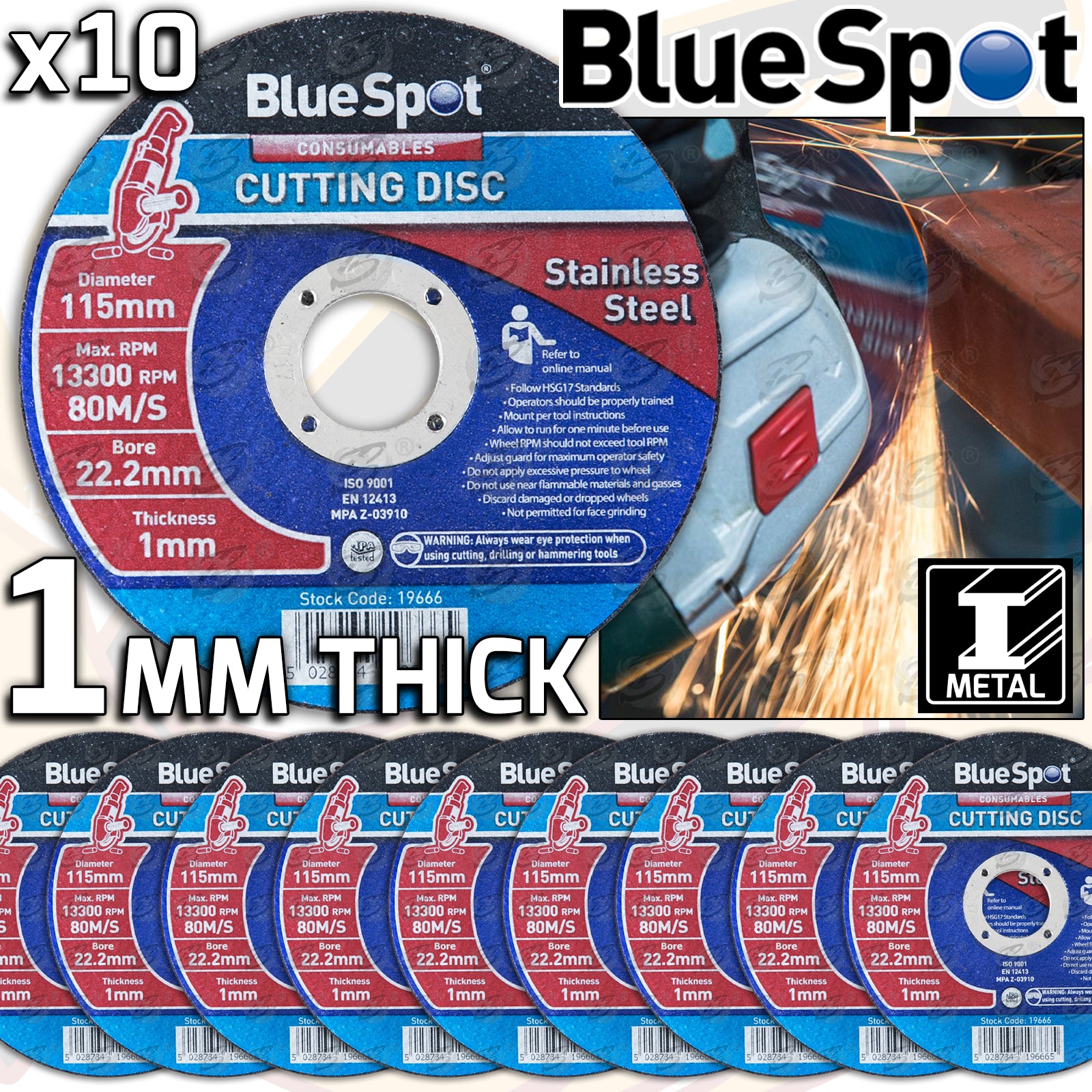 BLUESPOT 1MM THICK STAINLESS STEEL CUTTING DISCS ( X 10 DISCS )
