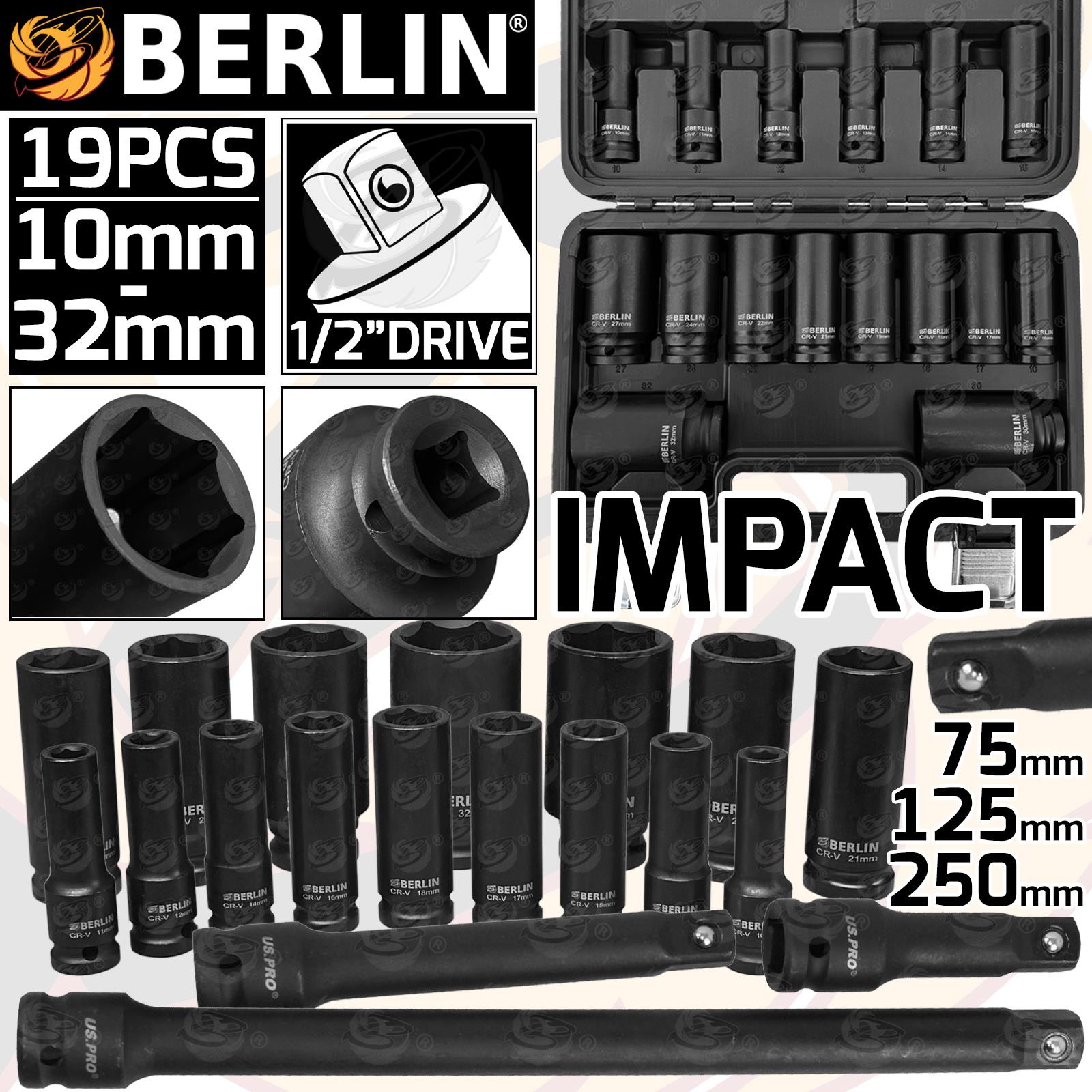 BERLIN Deep Impact Socket Set 1/2"dr 10mm - 32mm & Impact Extension Bars 19pcs Set